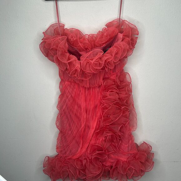 ASOS Design Red Bodycon Ruffle Mesh Bandeau Neck Strapless Mini Dress 4 - Picture 6 of 13